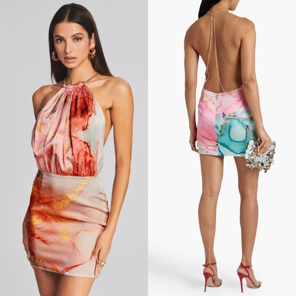 NWT RETROFETE Crystal Straps Watercolor Print Silk Halter Open Back Mini Dress L